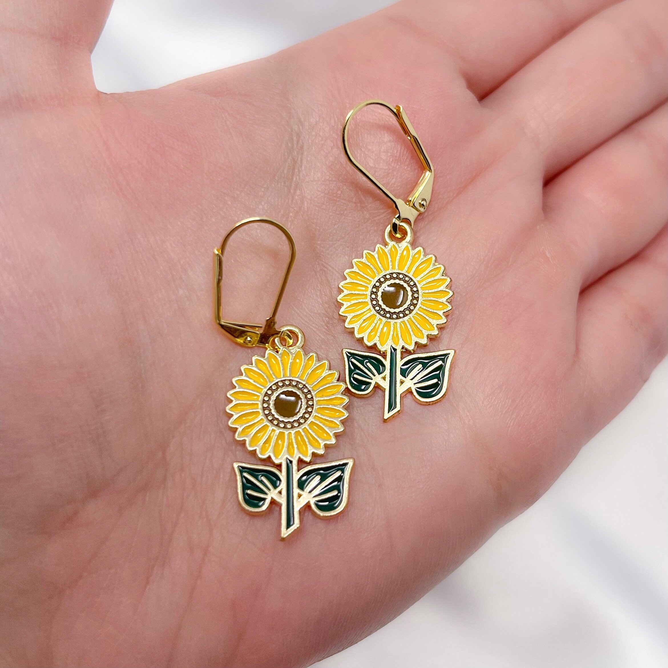 Sunflower Hoop Earrings Gold Plated Enamel Sunflower Lever Etsy UK
