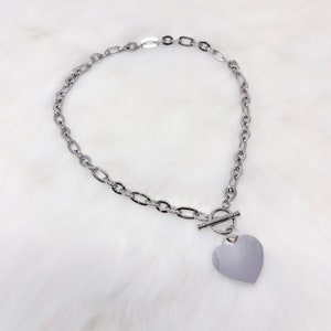 Stainless steel chunky chain toggle clasp necklace with heart charm, gifts for her, trendy, y2k, 90s necklace