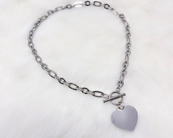 Stainless steel chunky chain toggle clasp necklace with heart charm, gifts for her, trendy, y2k, 90s necklace