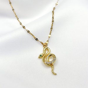 Gold plated cubic zirconia snake charm necklace w/adjustable resizable double bar dapped sequin chain, serpent, trendy, gifts for her, y2k