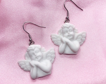 Resin Cupid angel cherub charm earrings with hypoallergenic stainless steel hooks