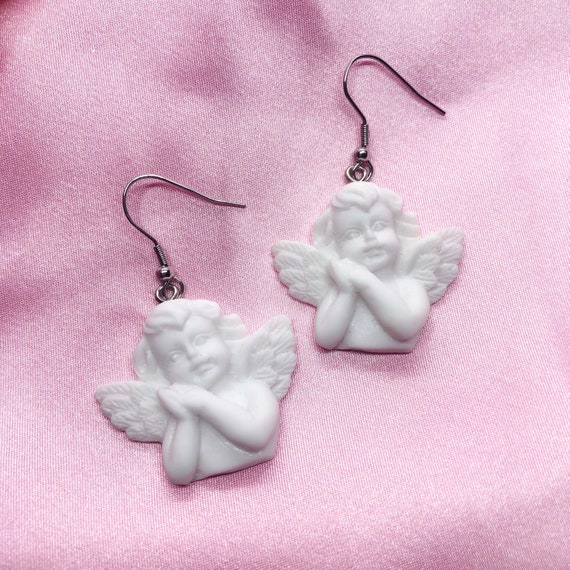 Resin Cupid angel cherub charm earrings with hypoallergenic stainless steel hooks