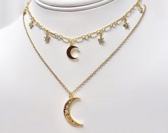 Gold moon star choker, resizable adjustable gold plated moon and star charm choker necklace, trendy necklace, gifts for her, y2k