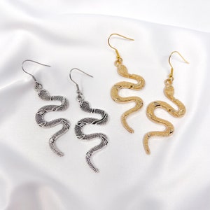Snake dangle earrings, silver or gold plated snake dangle earrings with stainless steel hooks, trendy earrings, unisex earrings