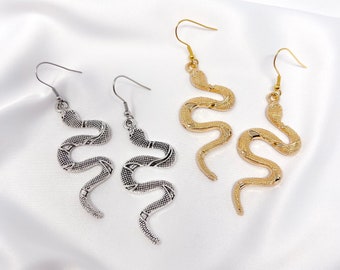 Snake dangle earrings, silver or gold plated snake dangle earrings with stainless steel hooks, trendy earrings, unisex earrings