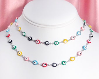 Resizable rainbow silver stainless steel enamel evil eye charm choker necklace