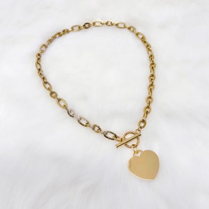 Gold plated stainless steel chunky chain toggle clasp necklace with heart charm, gifts for her, trendy necklace, y2k, 90s jewelry