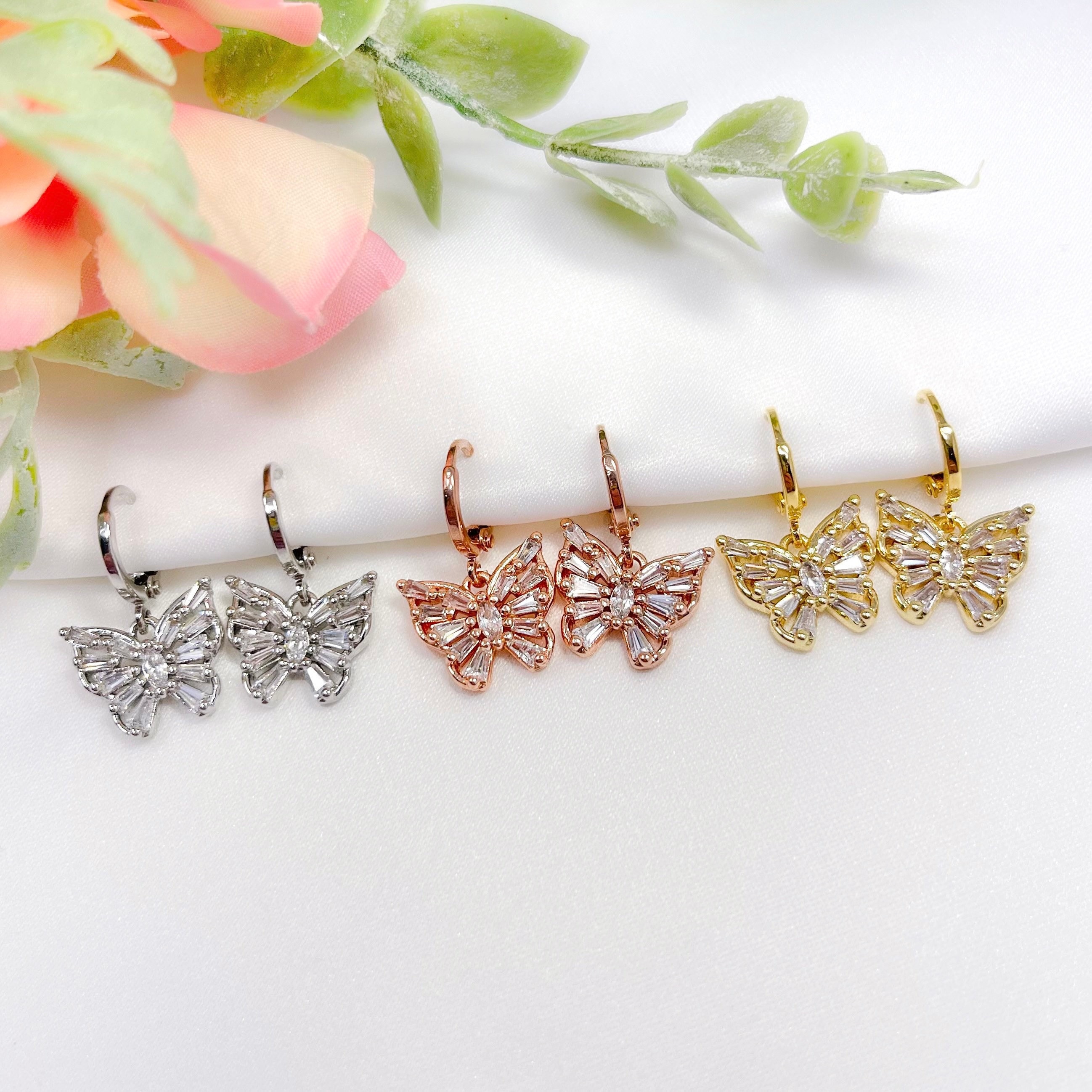 Butterfly hoop earrings, rhodium, rose gold, or gold plated cubic zirconia butterfly charm earrings with mini huggie hoops, y2k, trendy