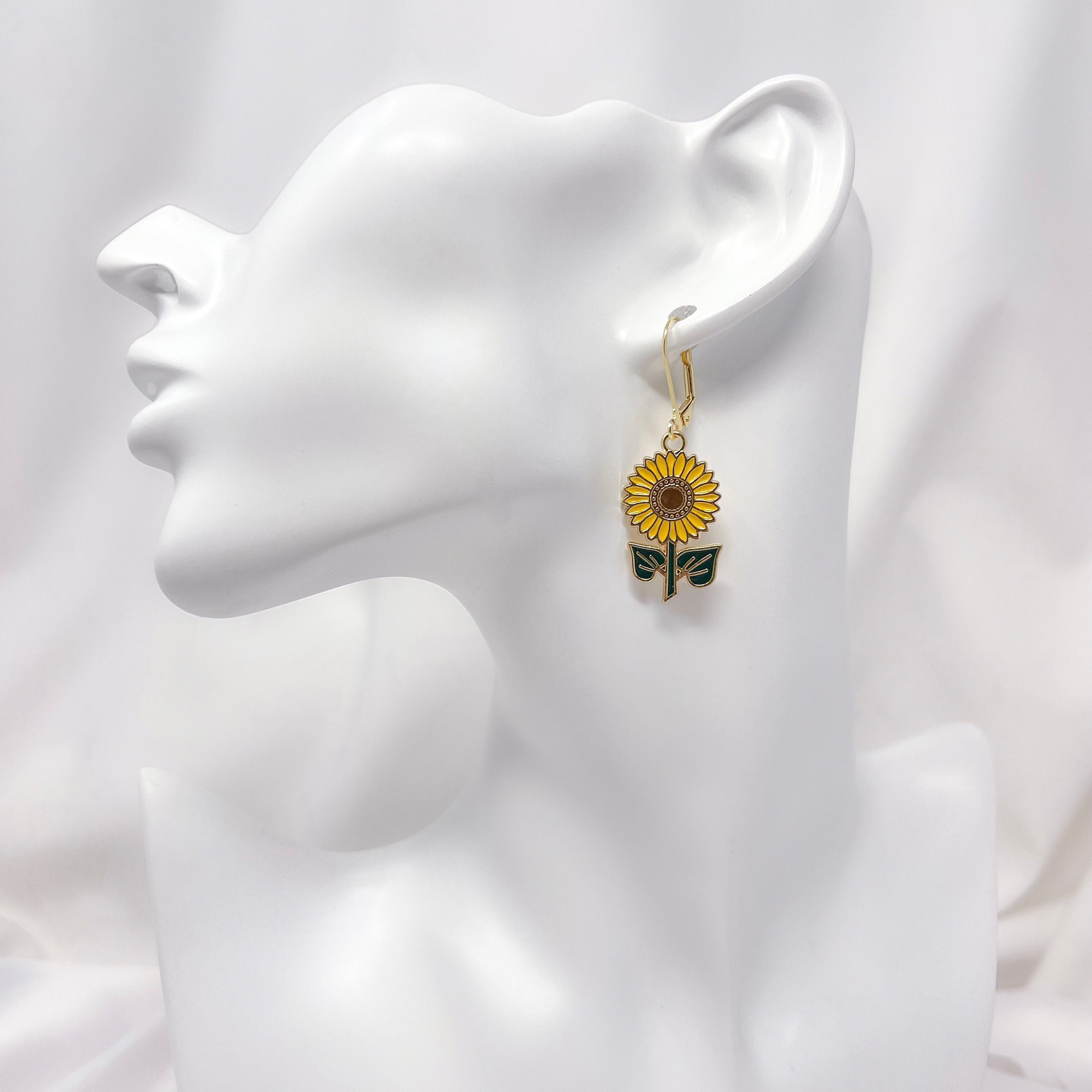 Sunflower Hoop Earrings Gold Plated Enamel Sunflower Lever Etsy UK