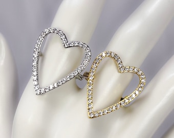 Anillo de corazón abierto con circonita cúbica chapada en oro o rodio, anillo ajustable, anillo redimensionable, Y2K, moderno, regalos para ella