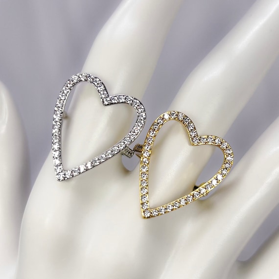 Rhodium or gold plated cubic zirconia cz open heart ring, adjustable ring, resizable ring, y2k, trendy, gifts for her
