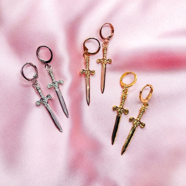 Gold, rose gold, or rhodium plated dagger sword charm earrings with gold, rose gold, or rhodium plated mini huggie hoops