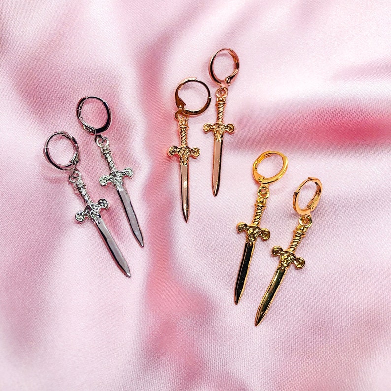 Gold, rose gold, or rhodium plated dagger sword charm earrings with gold, rose gold, or rhodium plated mini huggie hoops 