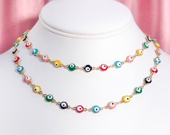 Resizable rainbow gold plated stainless steel enamel evil eye charm choker necklace