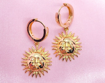 18k gold plated sun sunburst face charm earrings with gold plated mini huggie hoops