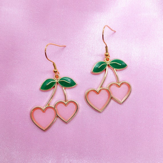 Light Pink Heart Bing Cherry Dangle Earrings With | Etsy