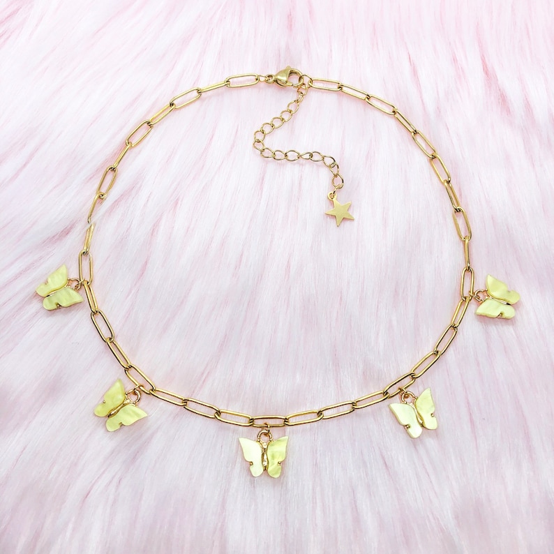 Resizable yellow pearl monarch mariposa butterfly charm choker with gold plated stainless steel chunky paper clip chain