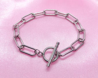 Toggle clasp silver stainless steel chunky paper clip chain bracelet
