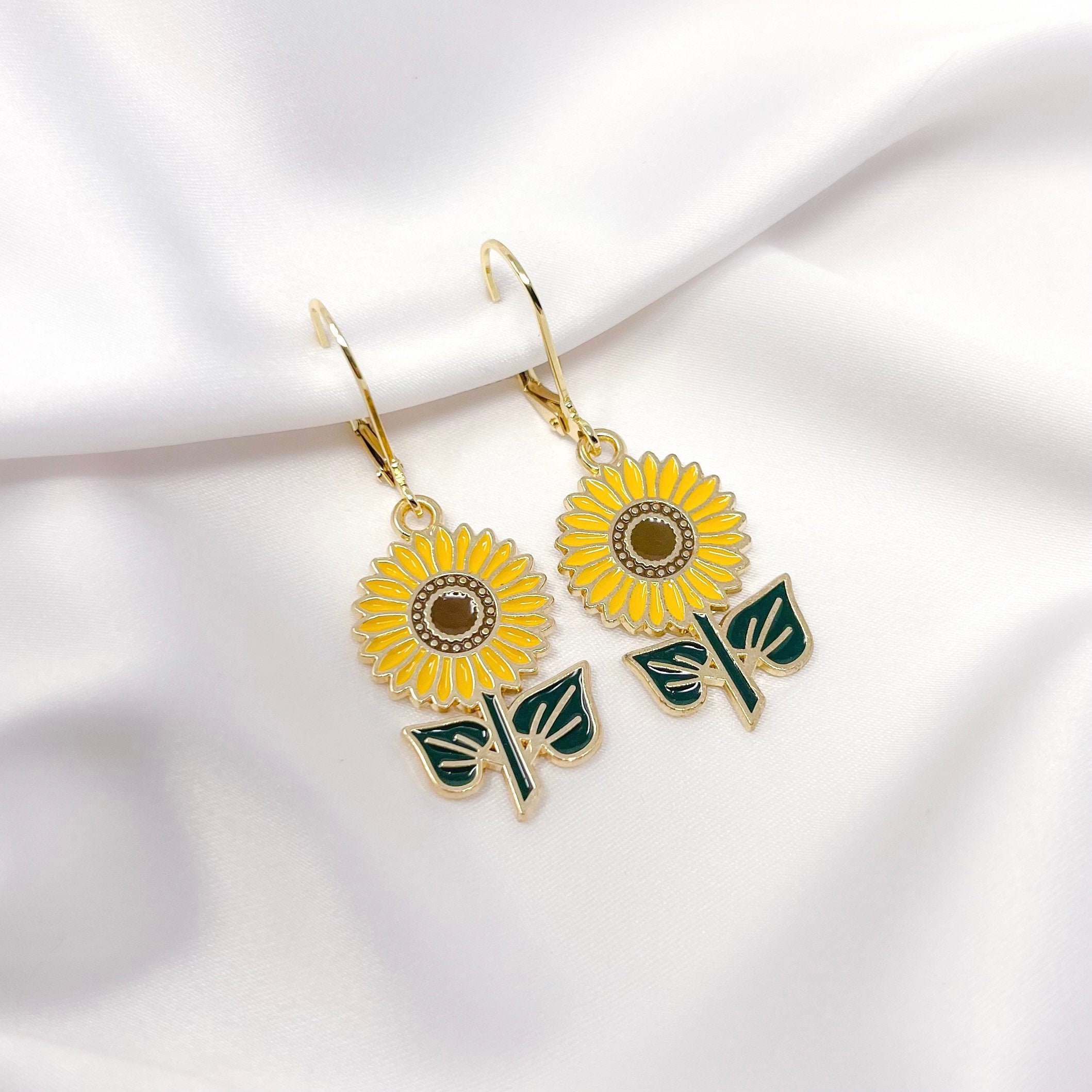 Sunflower Hoop Earrings Gold Plated Enamel Sunflower Lever Etsy UK