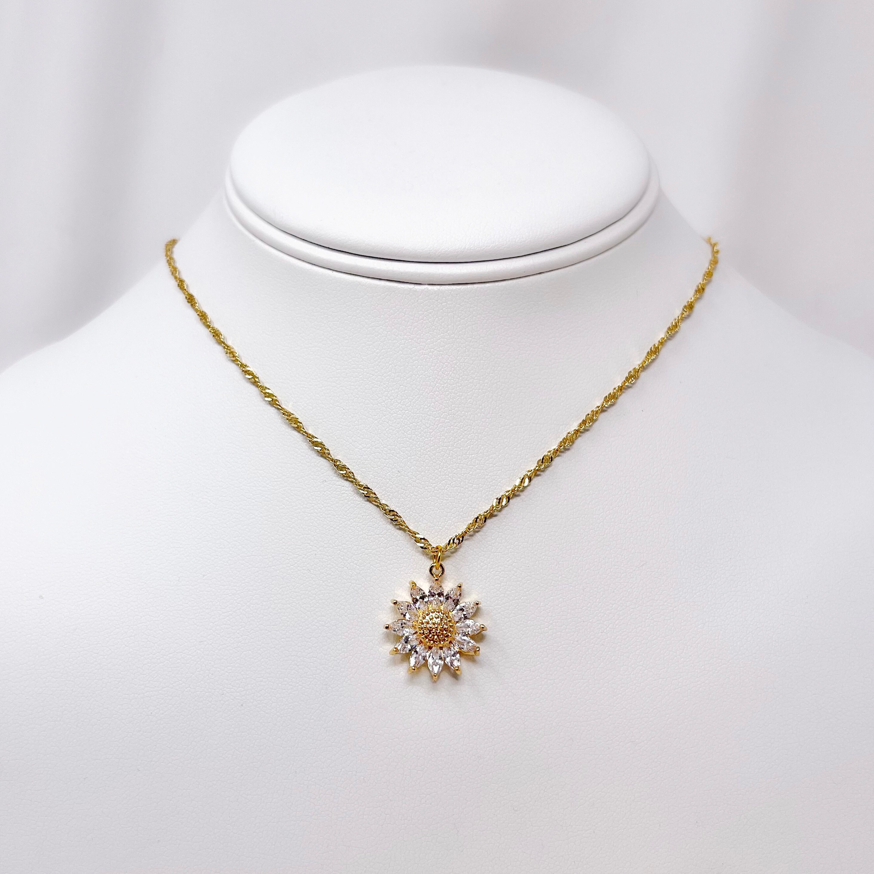 Gold Sunflower Necklace Resizable Gold Plated Cubic Zirconia Etsy