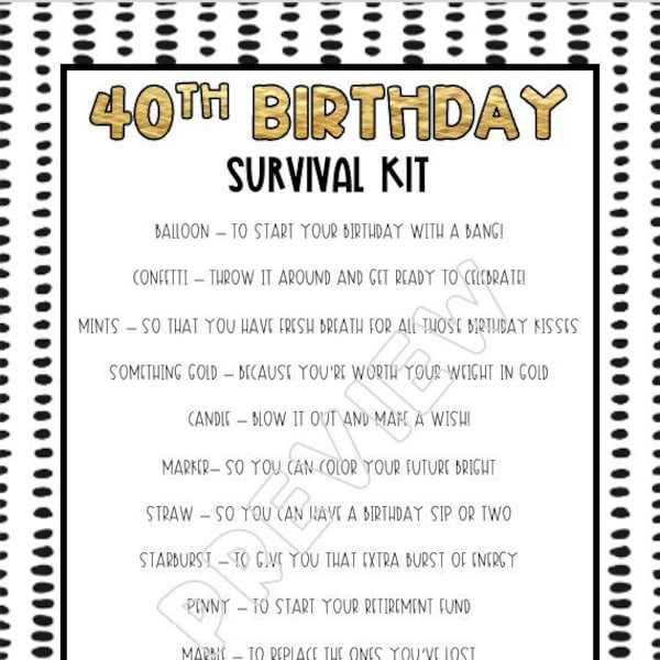 Kit de supervivencia para el 40 cumpleaños: dorado y negro