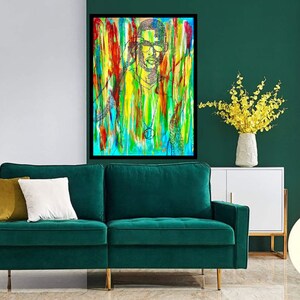 May include: A colourful abstract painting of a person wearing sunglasses and a necklace. The background is a mix of yellow, green, blue and red.