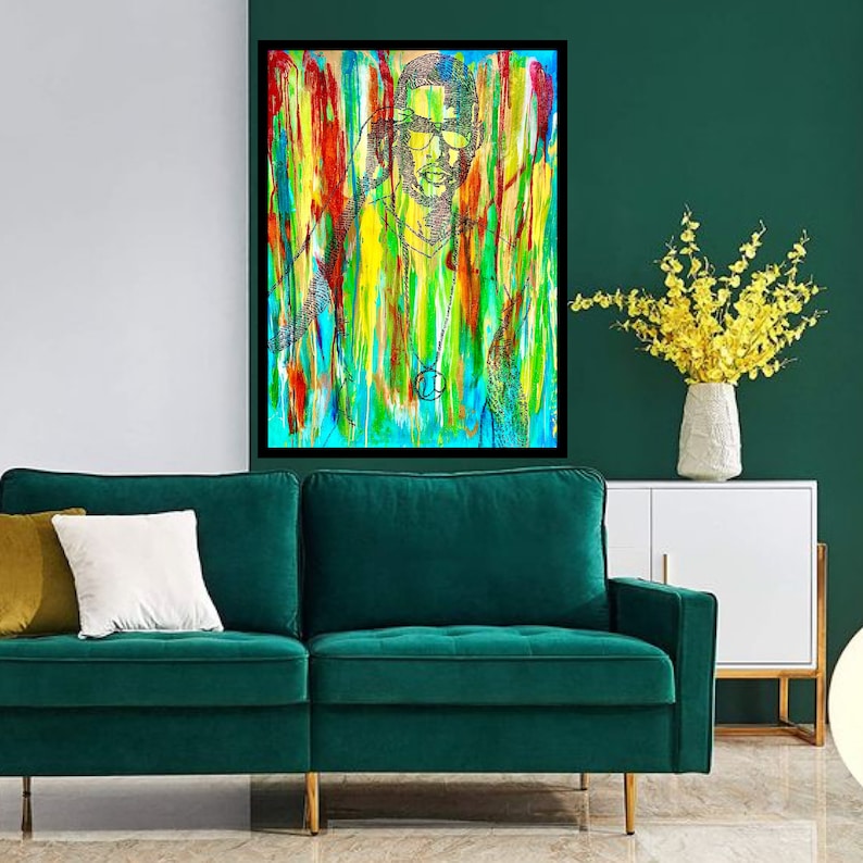 May include: A colourful abstract painting of a person wearing sunglasses and a necklace. The background is a mix of yellow, green, blue and red.
