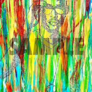 May include: Abstract portrait painting of a person with a black and white patterned face, wearing sunglasses and a necklace with a peace sign pendant. The background is a colourful abstract design with streaks of yellow, green, blue, red, and orange.