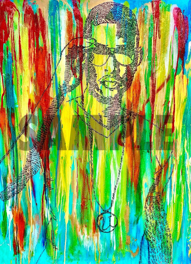 May include: Abstract portrait painting of a person with a black and white patterned face, wearing sunglasses and a necklace with a peace sign pendant. The background is a colourful abstract design with streaks of yellow, green, blue, red, and orange.