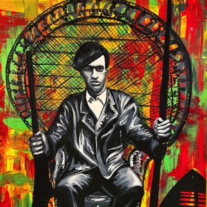 May include: A black and white painting of a man wearing a black beret and a black jacket sitting on a throne. The throne is decorated with a circular design and the background is a colorful abstract design.
