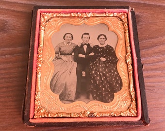 Double Glass Gold Color Pinchbeck Framed. Half Case 163 yr Old Darling Fashion Pose VICTORIAN AMBROTYPE Lady Full Big Dress Artist Tinted