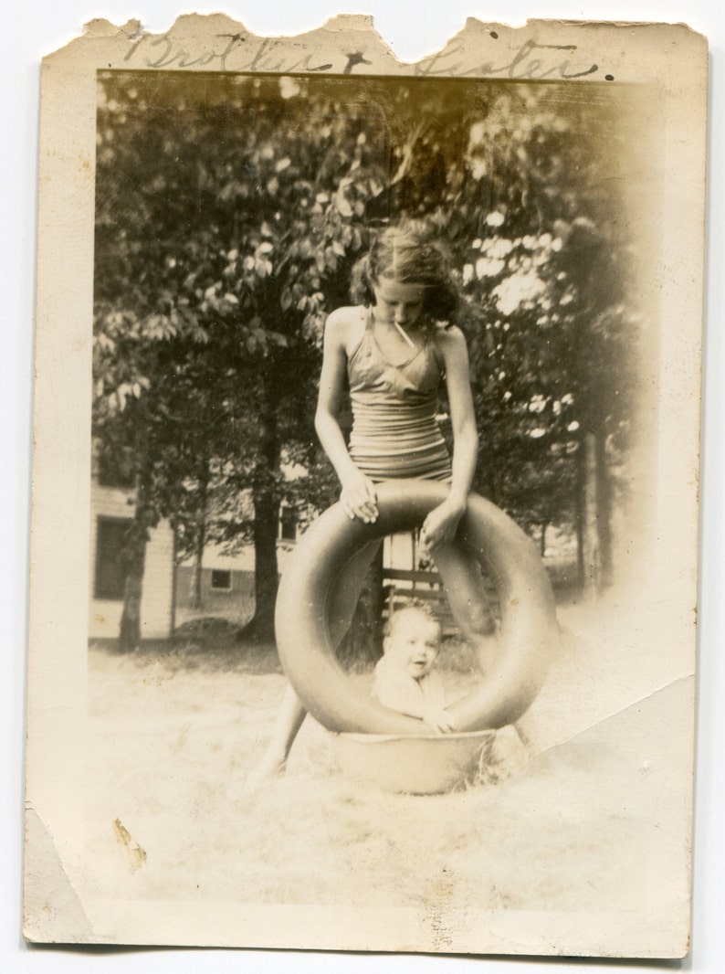 Brother and sister vintage snapshot photo