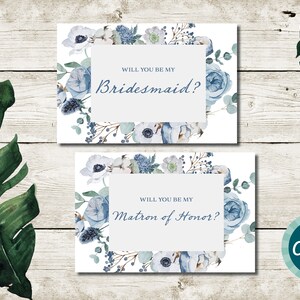 Steel Blue Floral Bridesmaids Cards Digital File