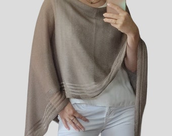 Linen Silk Handmade Knitted Womens Poncho, Knit Shawl, Luxurious Lightweight Summer Poncho Perfect Mother's Day Gift