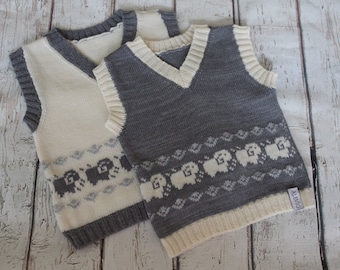 Baby-Alpaca Merino Wool Knitted Baby Toddler Kids Vest Waistcoat with animal pattern with lamb Perfect Gift