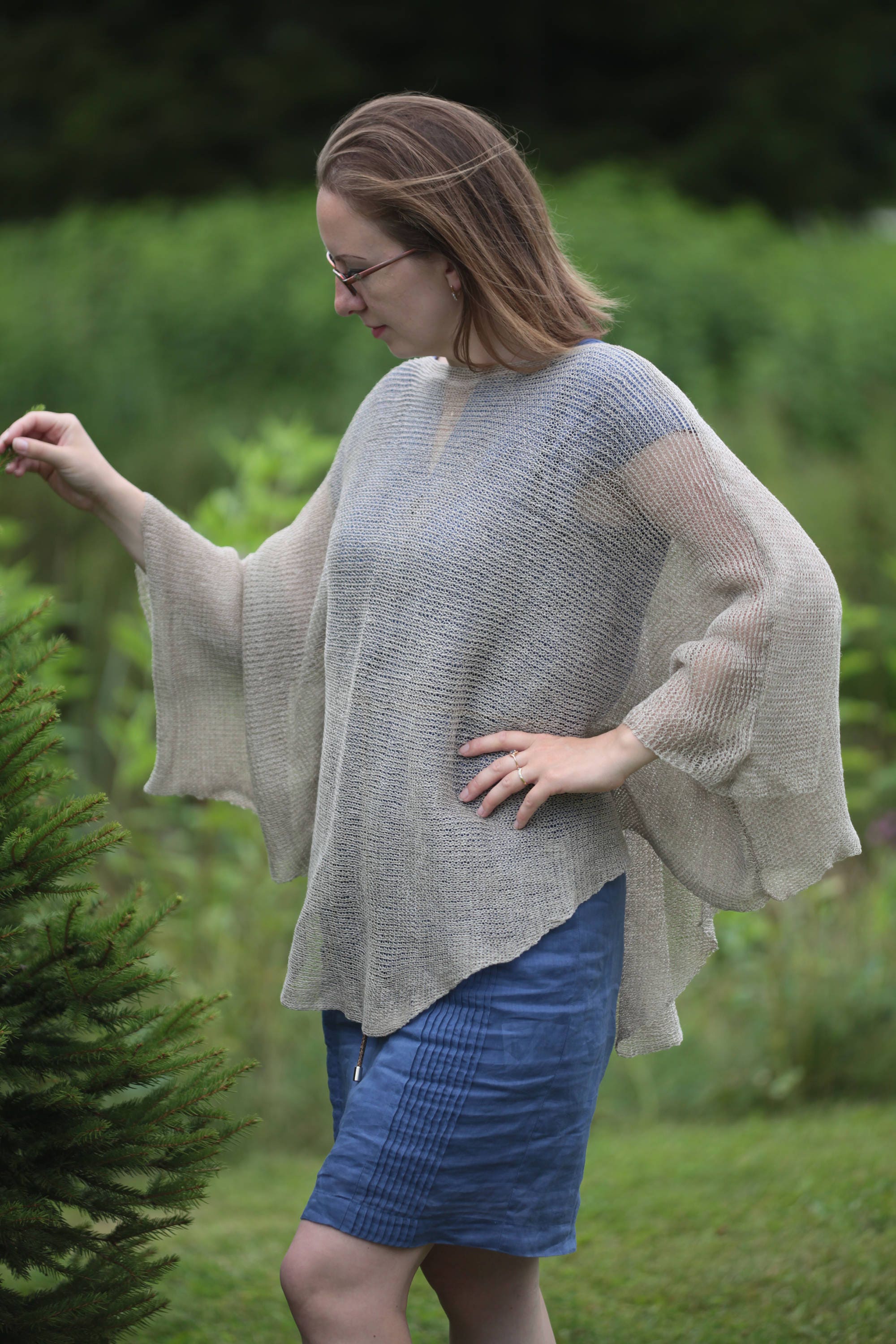 Handmade Linen Knit Poncho: Lightweight Summer Shawl