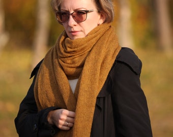 Handmade Baby Alpaca Merino Scarf: Knitted Ochre Shawl perfect gift