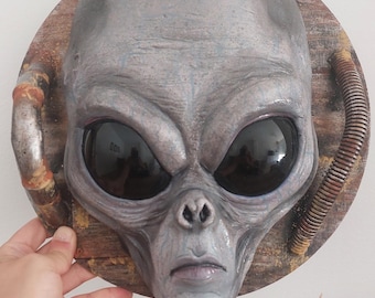 Gray Alien Head Faux Taxidermy Wall Art • Sci-Fi / X-Files Decor • Lightweight Clay Sculpture 30×30×9 cm