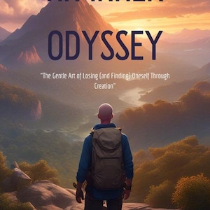 Puede incluir: Portada de libro con un paisaje montañoso y el título "AN INNER ODYSSEY" en letras grandes de color azul oscuro. Una persona con una mochila está de pie en un afloramiento rocoso, mirando las montañas. El nombre del autor es "MOISÉS ESPINO".
