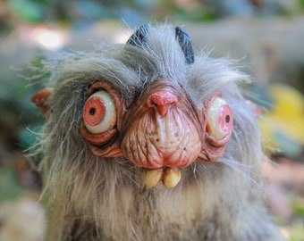 PREORDER/ Horned Tickles -White grey Ooak artdoll handmade fantasy creature- poseable plushie - only 5 available