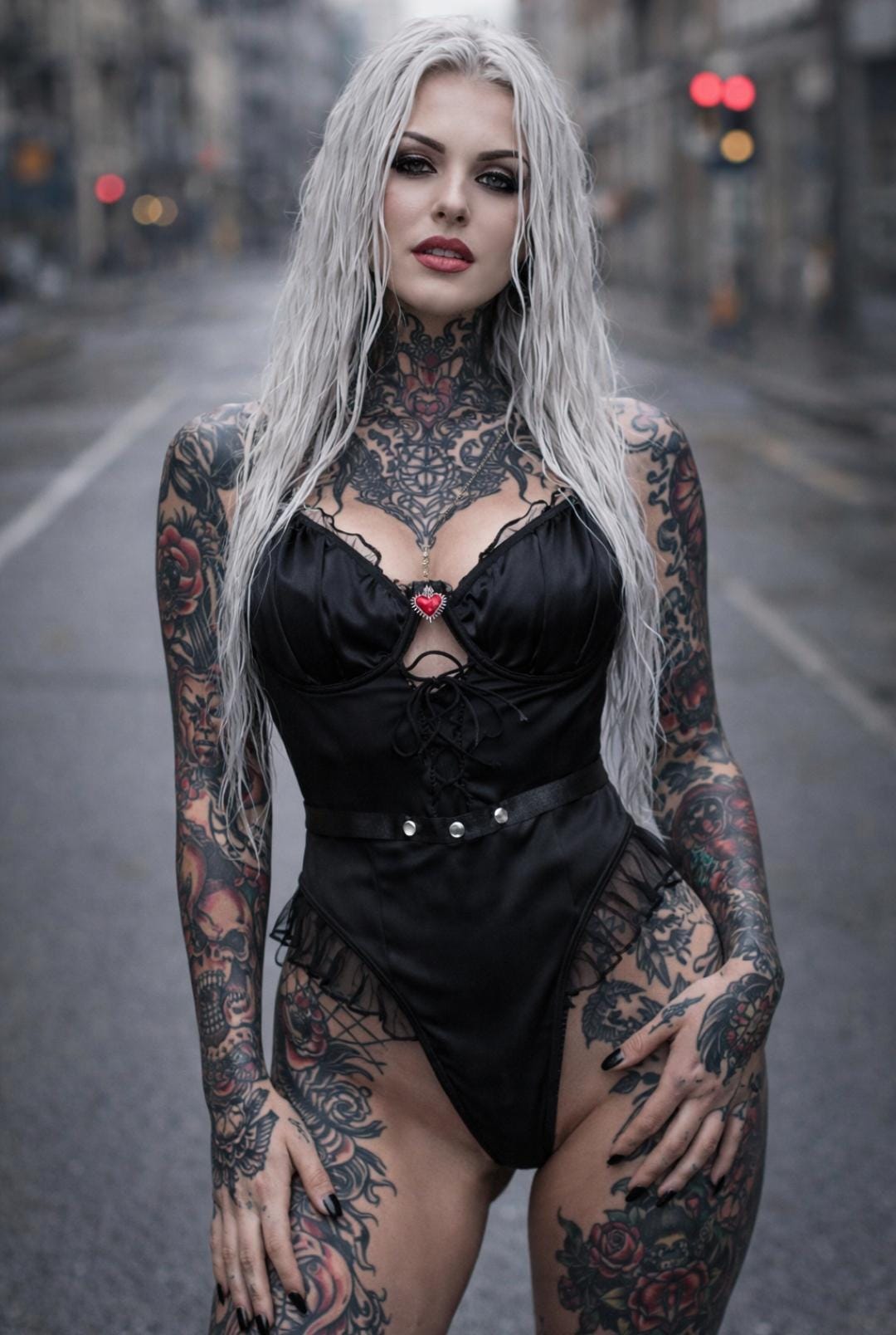 Satin Ruffle Bodysuit Silver Studs Red Heart Charm Festival Lingerie Black Lace Photoshoot Outfit Alternative Statement Piece Teddy