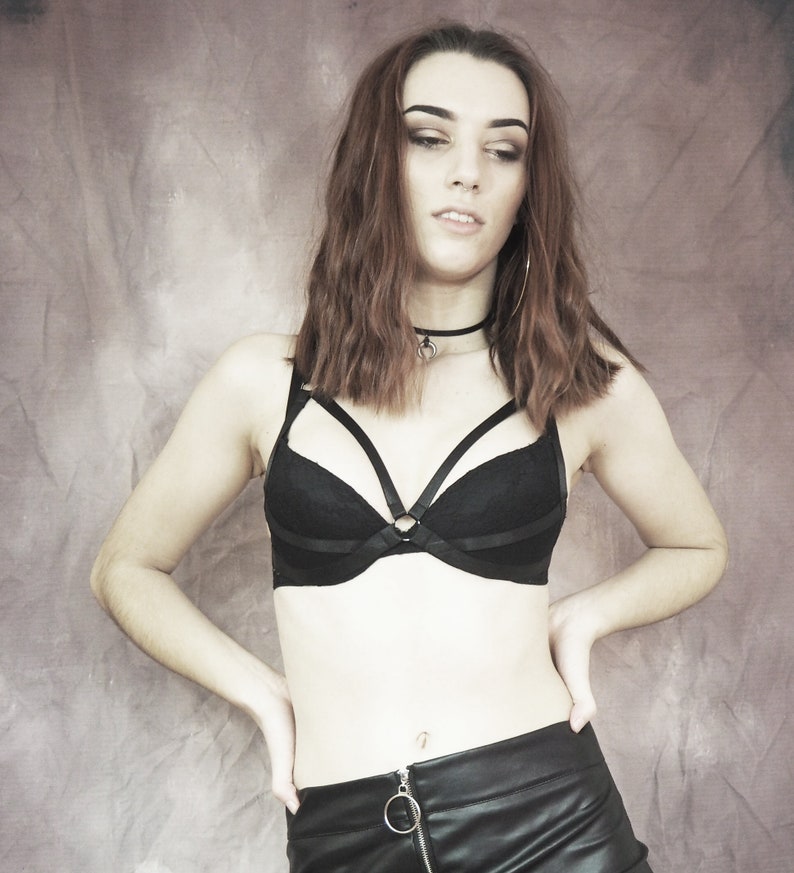 Open Bra Half Cup Bondage Harness Kinky Fetish Black Bralette Harness Lingerie Goth Underwear Cage Bra Wicca Witch Gothic Occult Demi Bra OS