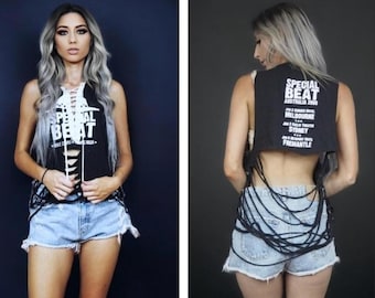Destroyed T-shirt Reconstructed Custom Tee Customized LF Inspired Punk Rock Clothing Special Beat Band Shirt Black and white Lace up Corset