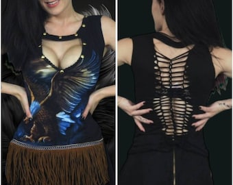 Suede Top Harley Inspired Vintage 90&#39;s T-shirt Suede Fringe Lace Up Cleavage Grommet Top Dismayed Heavy Metal Festival Clothing Upcycled S