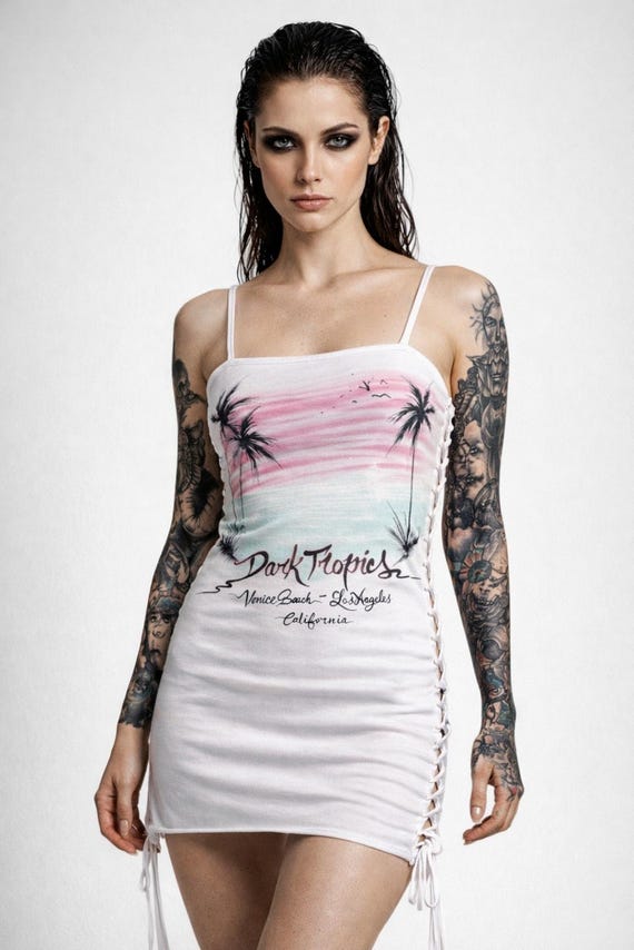 Venice Beach LA Dress Minimalistic Mini Reworked T-shirt Festival Outfit Corset sides Doof Party Alternative Clothing White Art OSFM