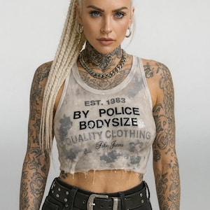 POLICE White Crop Rigid Resin Crop Tank Bikini Underlayer | Sculptural Wet Look Top | Beachwear Statement Piece | Futuristic Festival Outfit