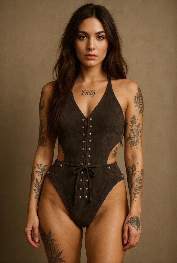 Bodysuit in Faux Suede Ash Studded Swimsuit Teddy Stripper Lingerie Pole Outfit Women's Swimwear Pirate Costume Imitation Leather M/L Romper