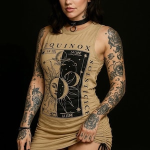 Shirt Dress | Ruched Mini T-Shirt Dress | Astrology Moon Solstice Print | Witchy Festival Dress | Longline Tee | Viking Style | Ceremonial