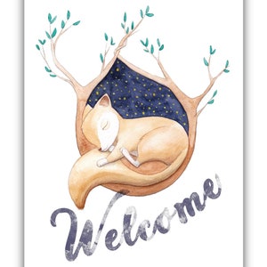 Carte postale de bienvenue bébé écureuil. Réimpression originale à l'aquarelle.