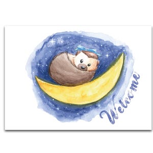 Welcome Baby Little Hedgehog Postcard. Original watercolor reprint.